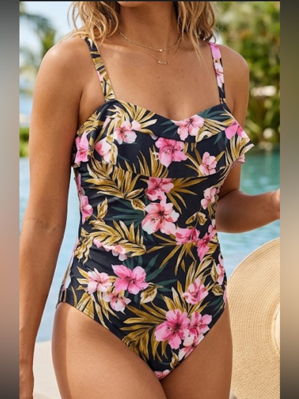 Kona Sol Black One-Piece Swimsuit with Pink Floral and Gold Leaf Size 14W